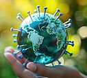 Rendering, Virus globe lying on a palm