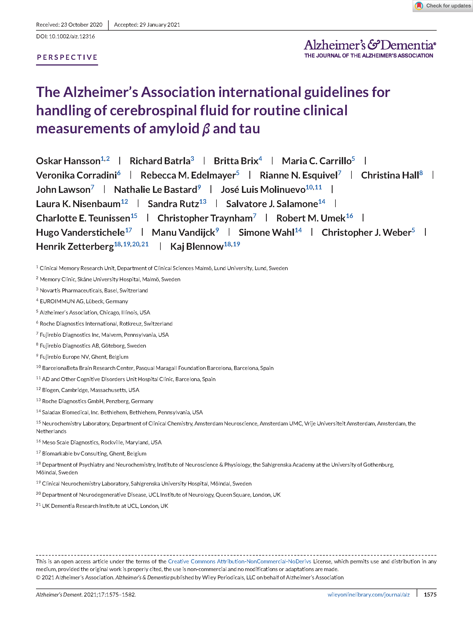 The Alzheimer's Association international guidelines for handling of cerebrospinal fluid for routine clinical measurements of amyloid beta and tau