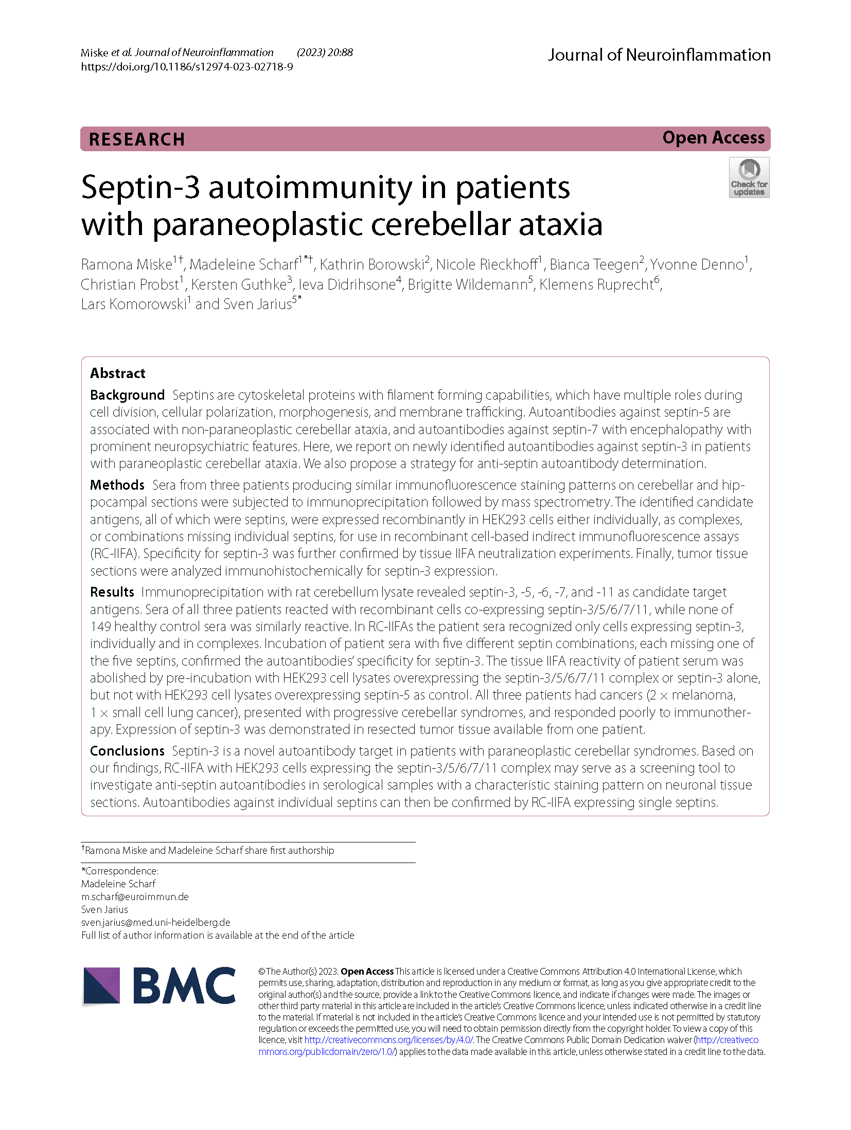 Septin-3 autoimmunity in patients with paraneoplastic cerebellar ataxia